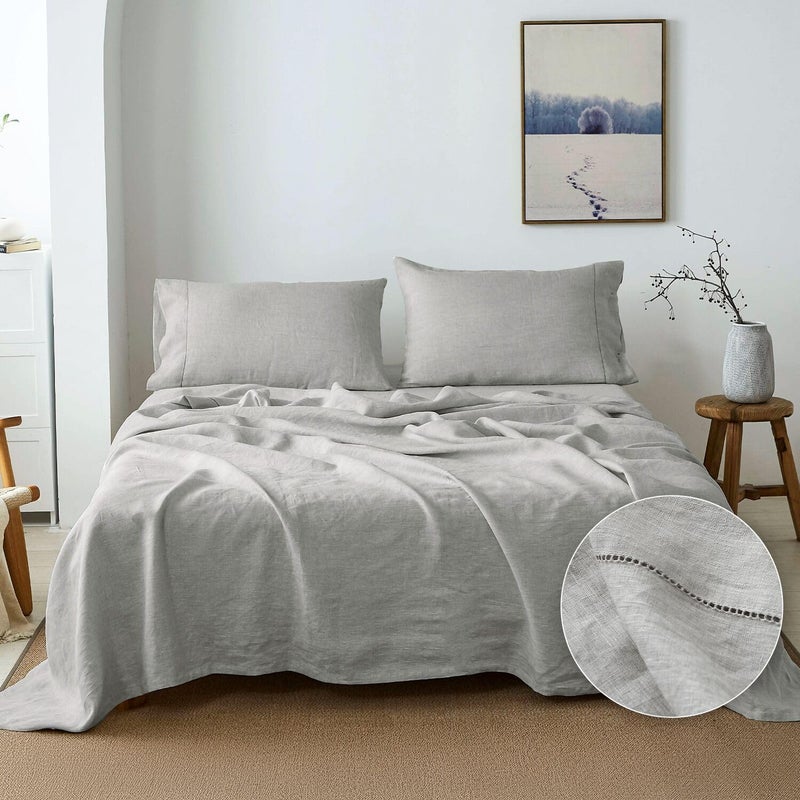 Simple&Opulence 100% French Linen Sheet Set Handmade Hemstitch-4 Pcs Natural Flax Farmhouse Bed Sheets(1 Flat Sheet 1 Fitted Sheet 2 Pillowcases)-Solid Color Soft Breathable Bedding-Light Grey, Queen - Image 1